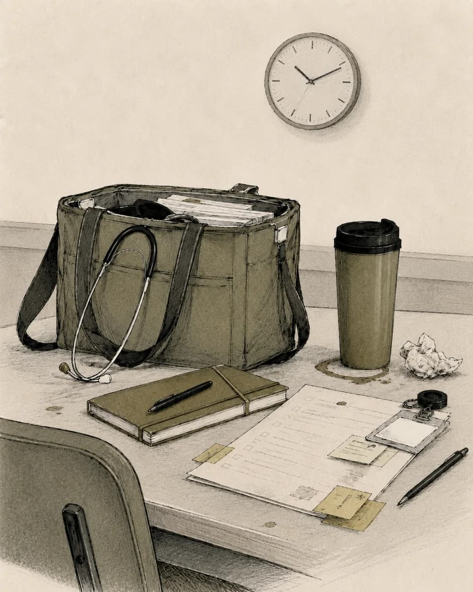 Bolso clínico, café y documentos al final de una jornada extensa.